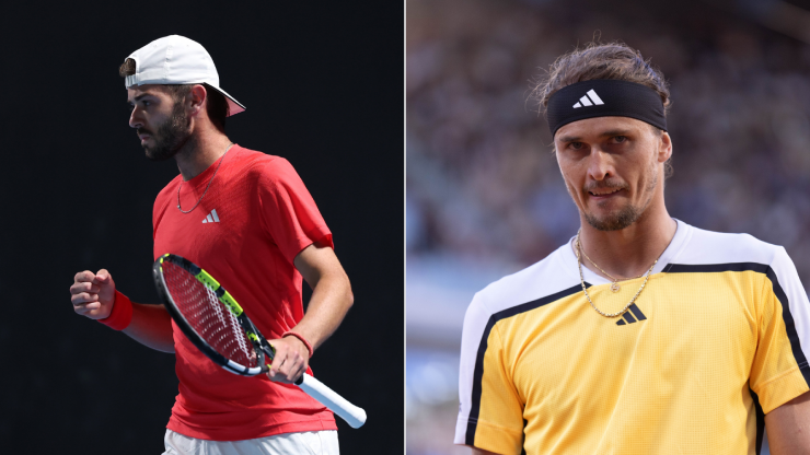 Zverev (áo vàng) được đánh giá hơn hẳn so với đối thủ Fearnley (áo đỏ)