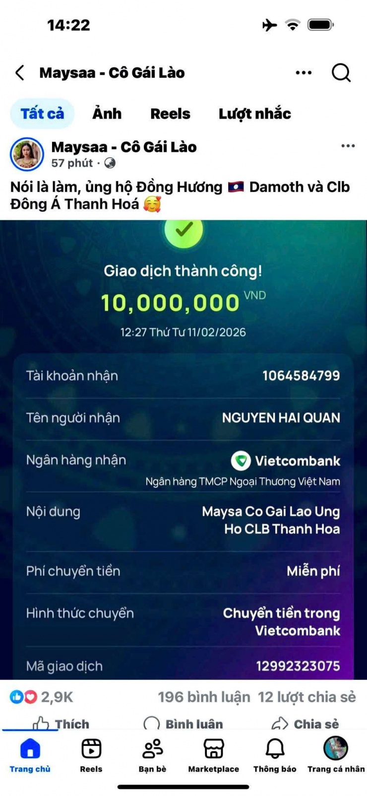 Cổ động viên người Lào tên Maysa đã gửi 10 triệu đồng để đồng hành cùng các cầu thủ Đông Á Thanh Hóa trong giai đoạn hiện tại.